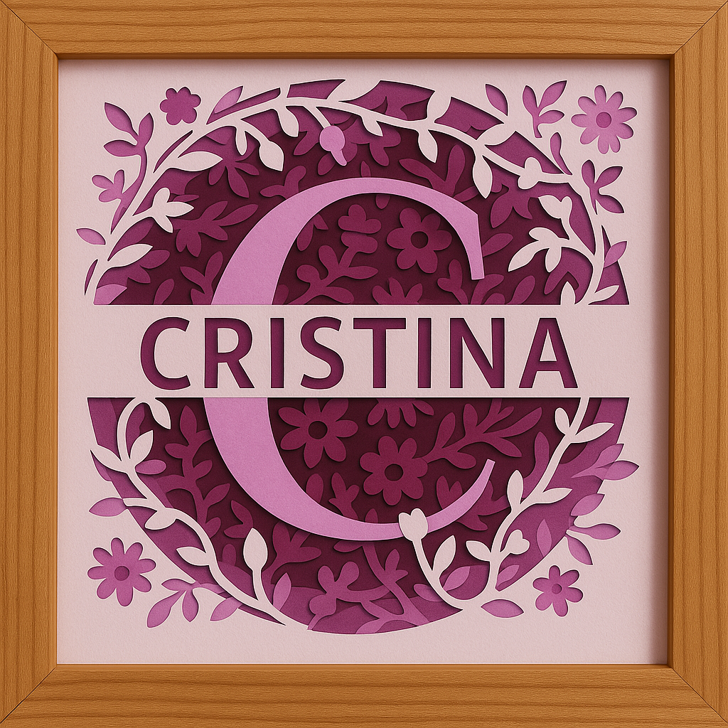 Quadretto decorativo rappresentante un monogramma e il rispettivo nome del bambino realizzato usando strati di carta