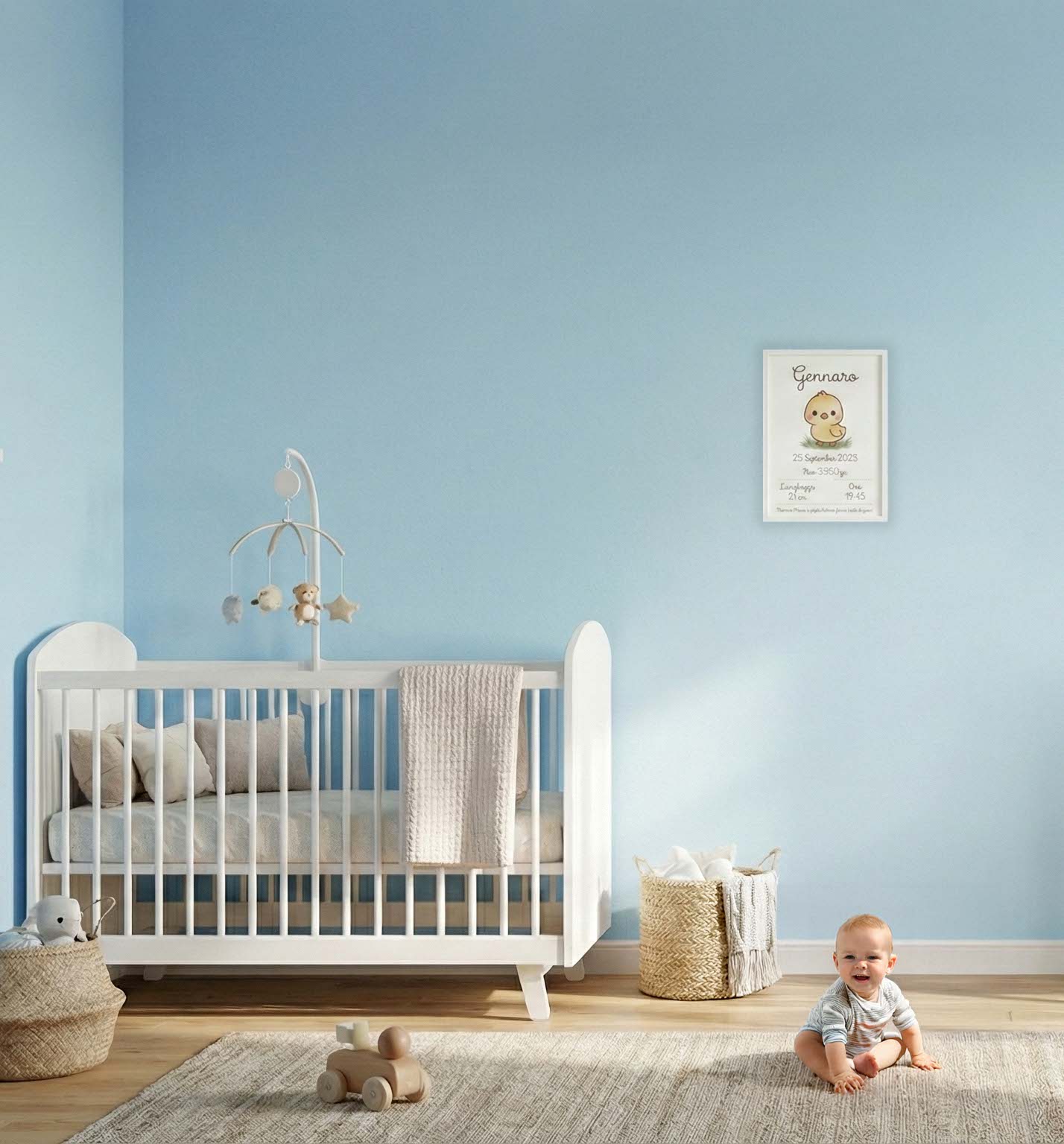 Quadretto nascita personalizzato appeso in cameretta azzurra, sopra un lettino bianco, come esempio di decorazione per la stanza del neonato.