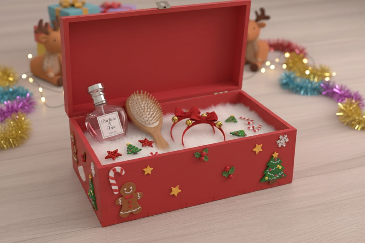 Scatola dei ricordi personalizzata edizione Natalizia 2025. Sono presenti decorazioni natalizie originali disegnate e realizzate dai nostri artigiani Bimbi Unici.