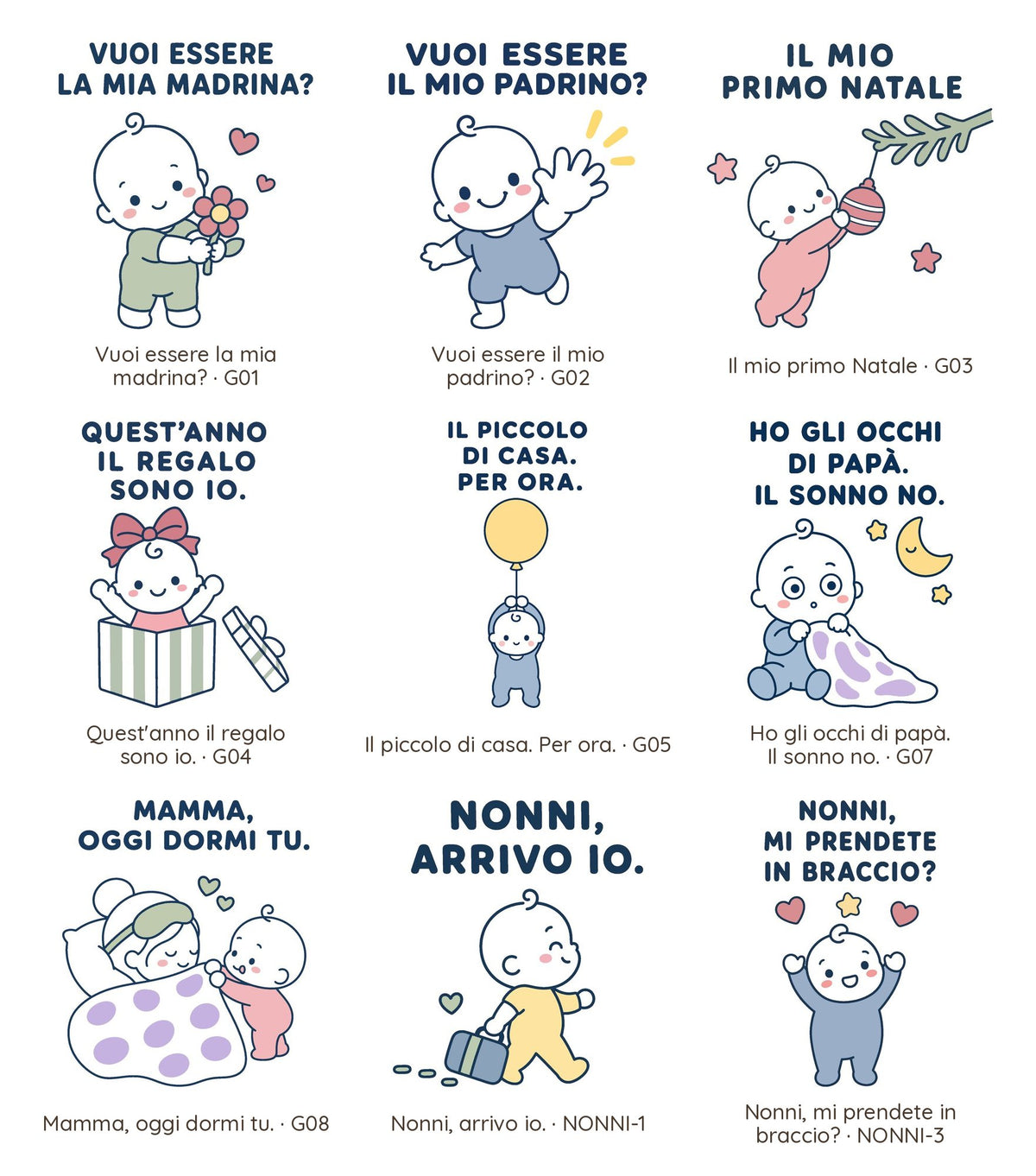 Tavola con le 9 grafiche del body, ognuna una frase con un piccolo disegno: madrina, padrino, Natale, nonni