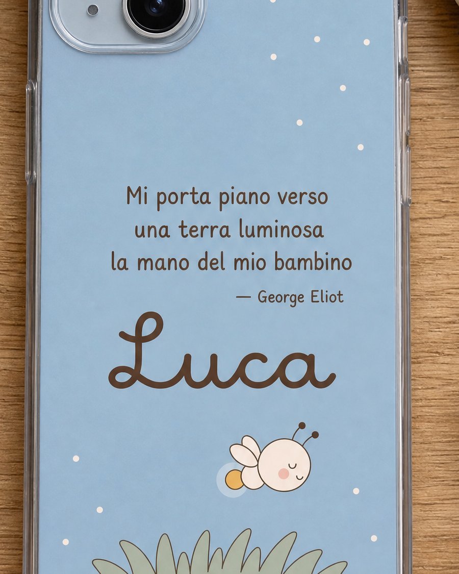 Dettaglio della frase «Mi porta piano verso una terra luminosa la mano del mio bambino» di George Eliot e del nome Luca