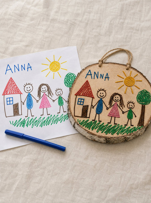 Il disegno originale su un foglio A4 accanto alla fetta di tronco con lo stesso disegno riprodotto