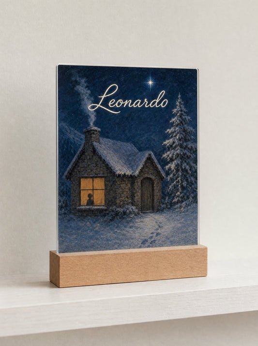 Lo stesso pannello spento su una mensola bianca, di giorno: sembra un piccolo quadro, nome Leonardo