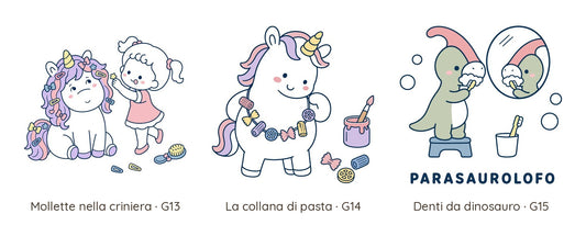 Tavola con le tre grafiche: mollette nella criniera, la collana di pasta, denti da dinosauro
