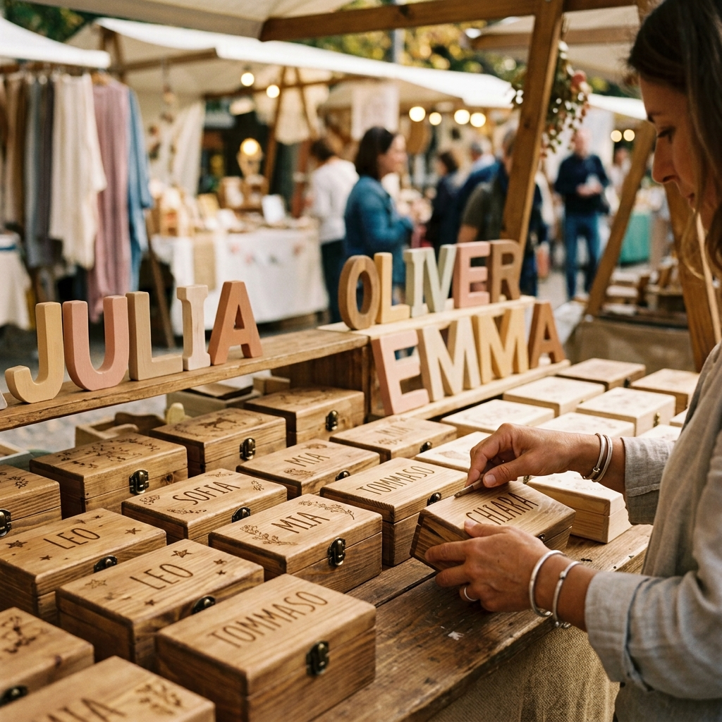 Stand artigiano in fiera con scatole dei ricordi in legno e lettere decorative per la cameretta dei bambini