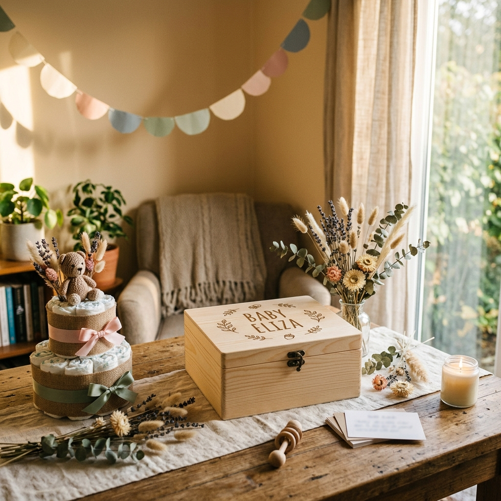 Tavolo di un baby shower con scatola dei ricordi in legno personalizzata e decorazioni artigianali fatte a mano