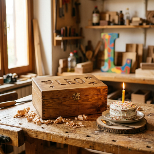 Scatola dei ricordi in legno personalizzata col nome accanto a una candelina per il primo compleanno del bambino