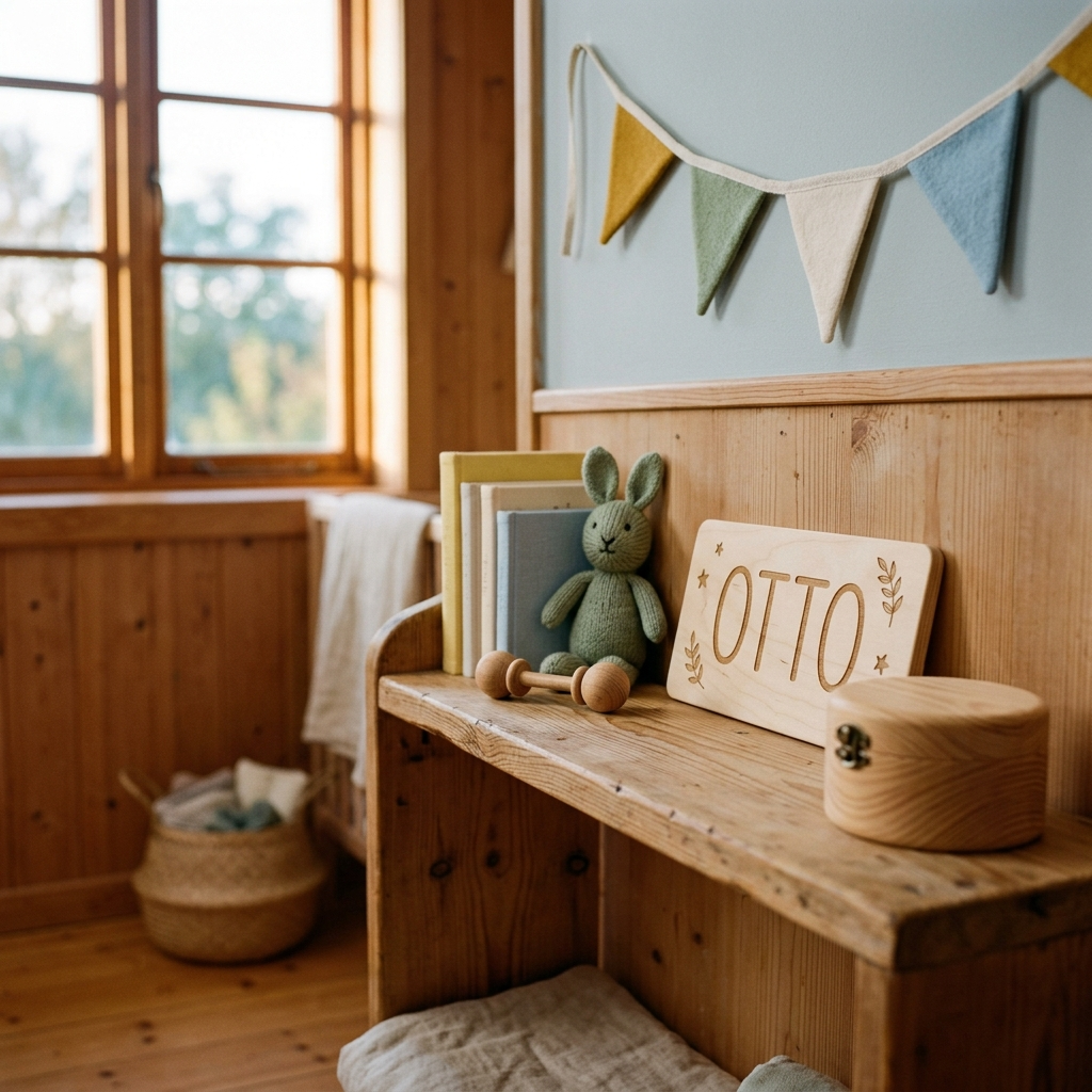 Scritta in legno personalizzata e scatola dei ricordi in una cameretta a misura di bambino con luce calda