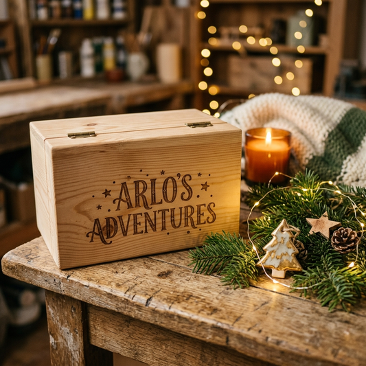 Scatola dei ricordi in legno personalizzata col nome accanto a decorazioni natalizie calde per il primo Natale