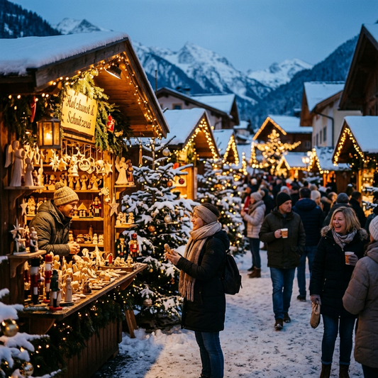Casette di legno e abeti illuminati al mercatino di Natale Marché Vert Noël di Aosta, con regali artigianali in legno