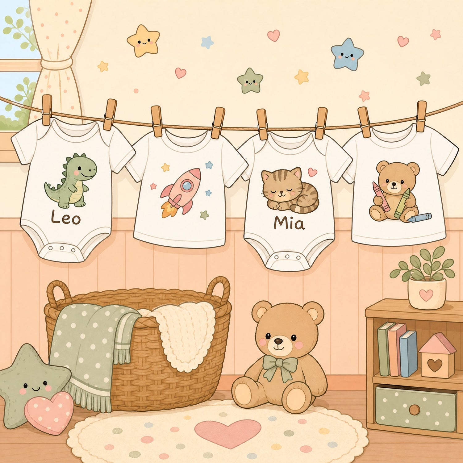 Quattro capi bianchi da bambino appesi a un filo del bucato, ognuno con una grafica diversa e il nome sotto