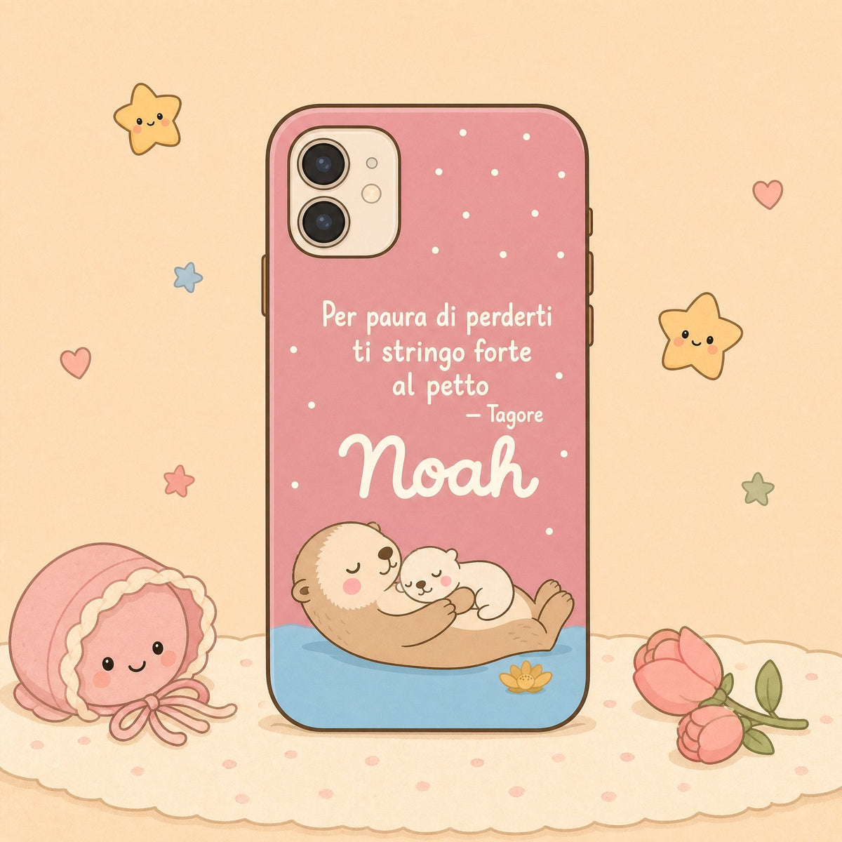 Illustrazione di una cover rosa con la lontra e il suo cucciolo, la frase di Tagore e il nome Noah, con una cuffietta