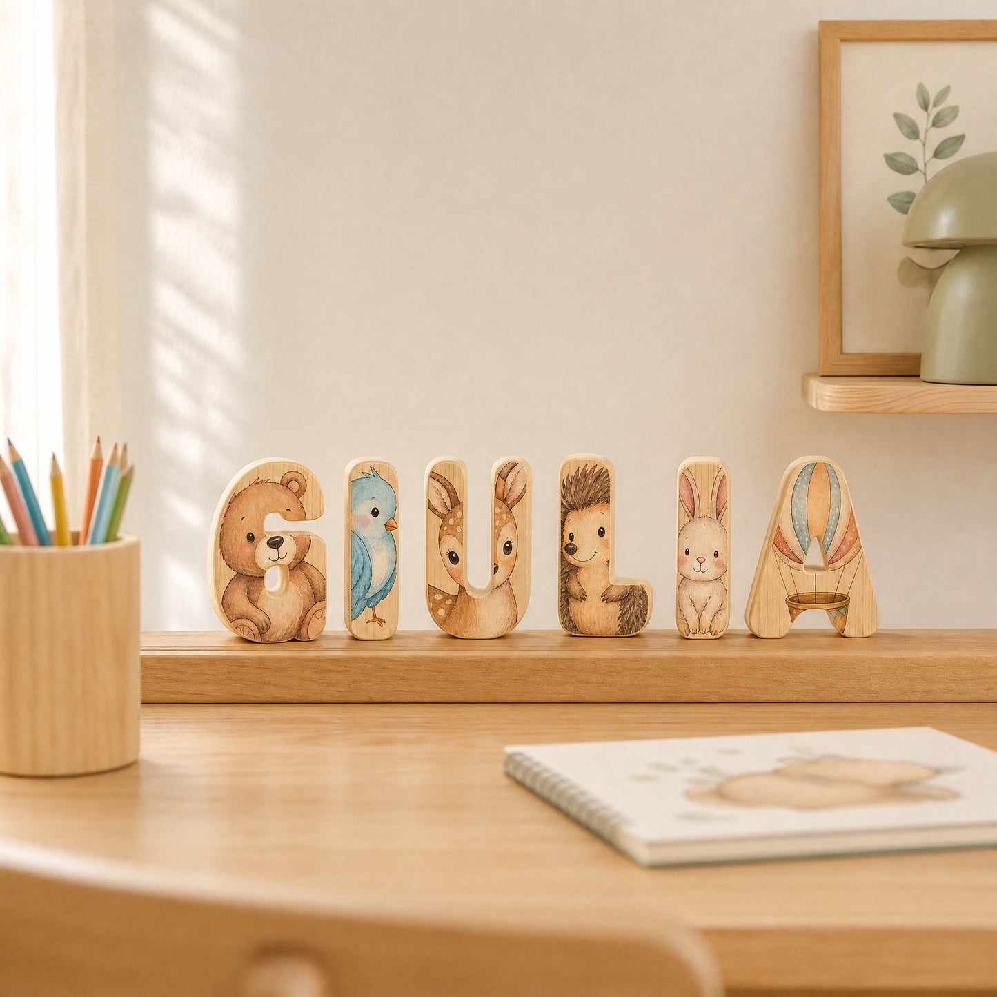 Le lettere allineate sul ripiano di una scrivania per bambini accanto ai colori