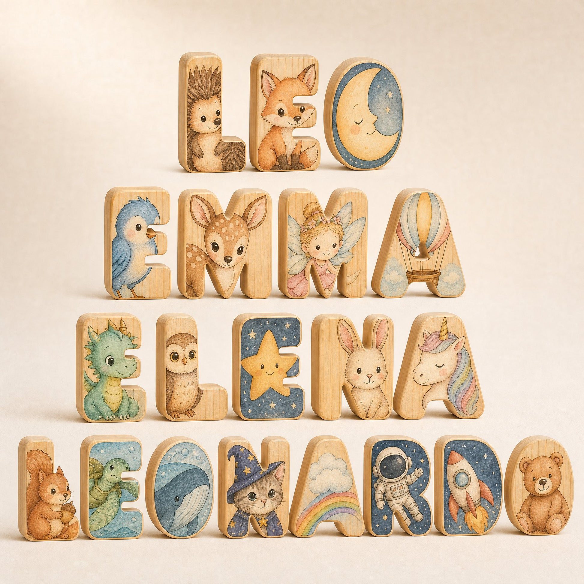 Quattro nomi composti con le lettere illustrate, da tre a otto lettere, con venti figure diverse