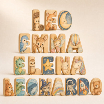 Quattro nomi composti con le lettere illustrate, da tre a otto lettere, con venti figure diverse