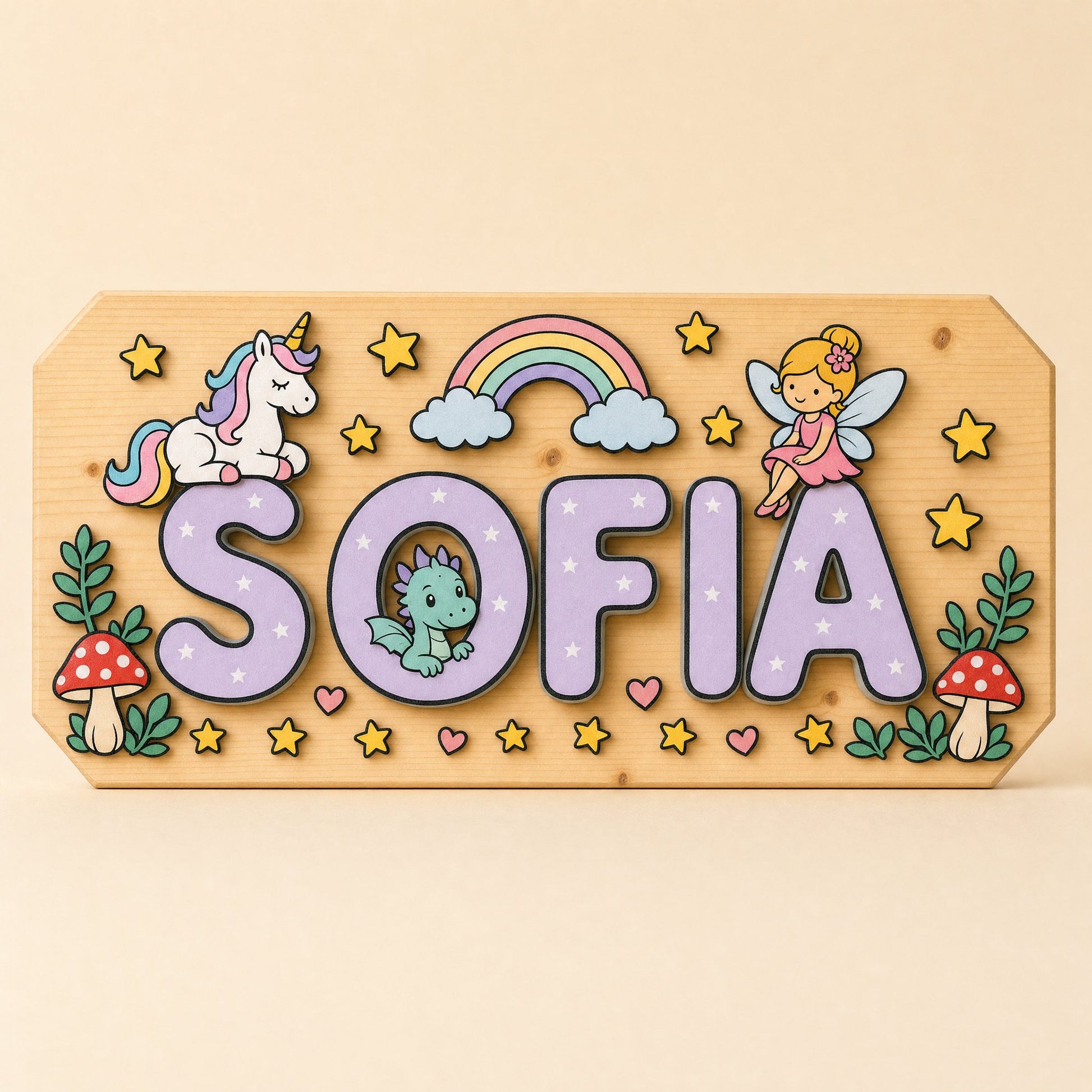 Targa con il nome Sofia, tema magia: unicorno, fatina, arcobaleno e cuoricini, lettere lilla