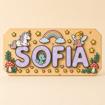Targa con il nome Sofia, tema magia: unicorno, fatina, arcobaleno e cuoricini, lettere lilla