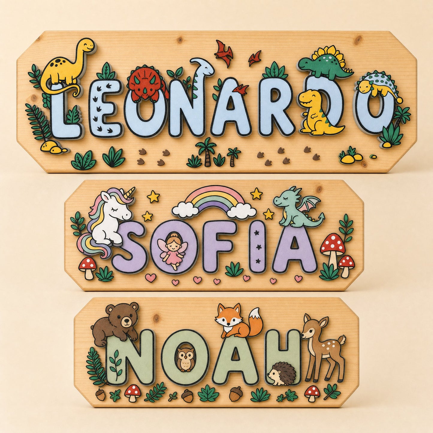Le targhe dei tre temi affiancate: Leonardo dinosauri, Sofia magia, Noah bosco