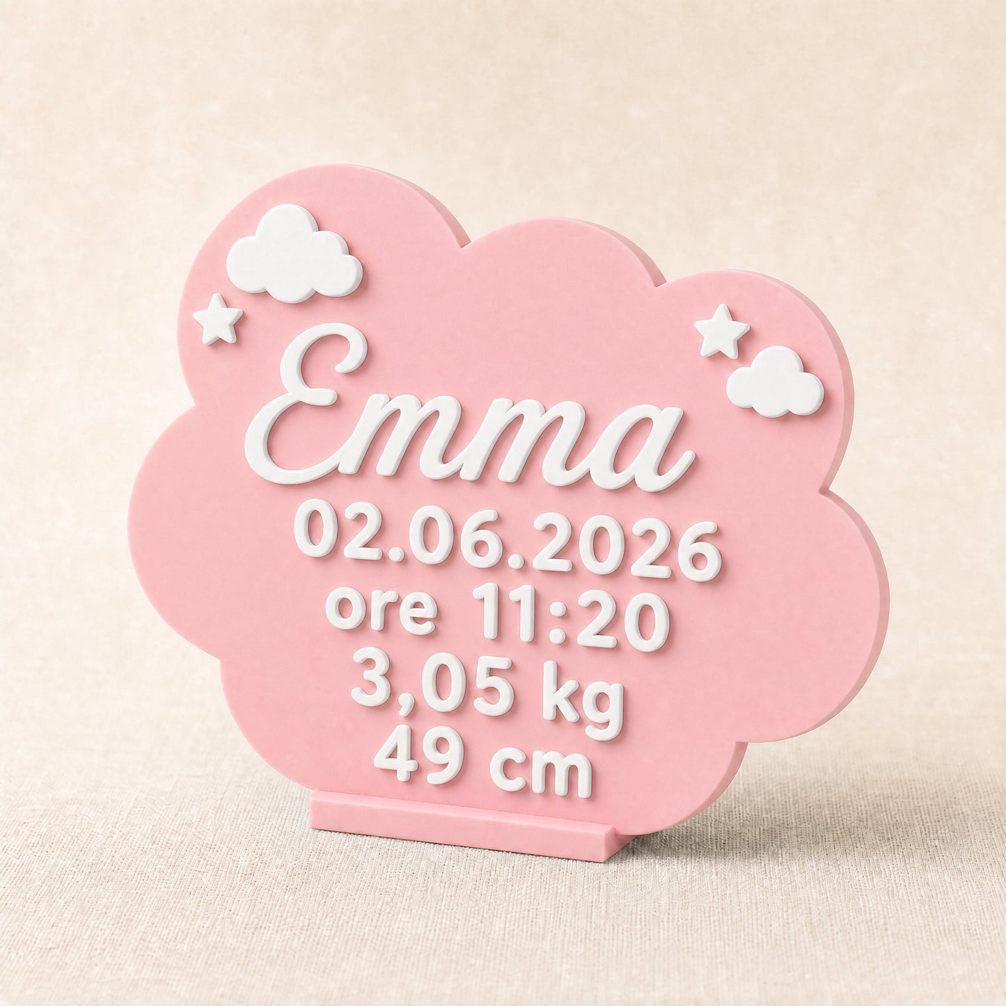 Variante rosa con scritte bianche, con il nome di una bimba e i suoi dati di nascita