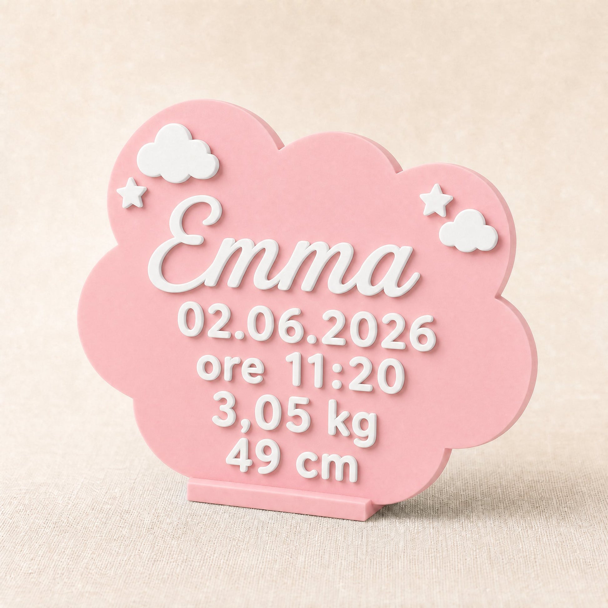 Variante rosa con scritte bianche, con il nome di una bimba e i suoi dati di nascita