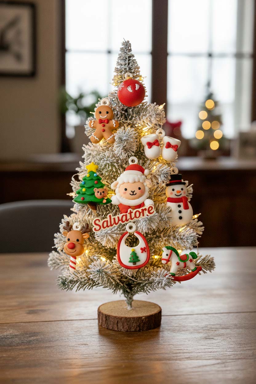 Albero di natale addobbato con ciondoli artigianali originali creati da Bimbi Unici, con nome personalizzato.