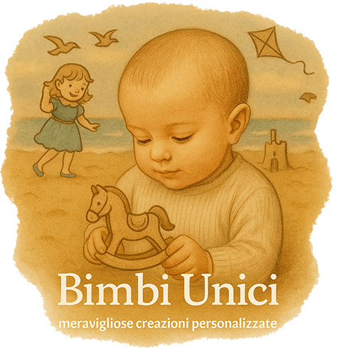 Bambino che gioca sulla spiaggia con un cavalluccio di legno artigianale