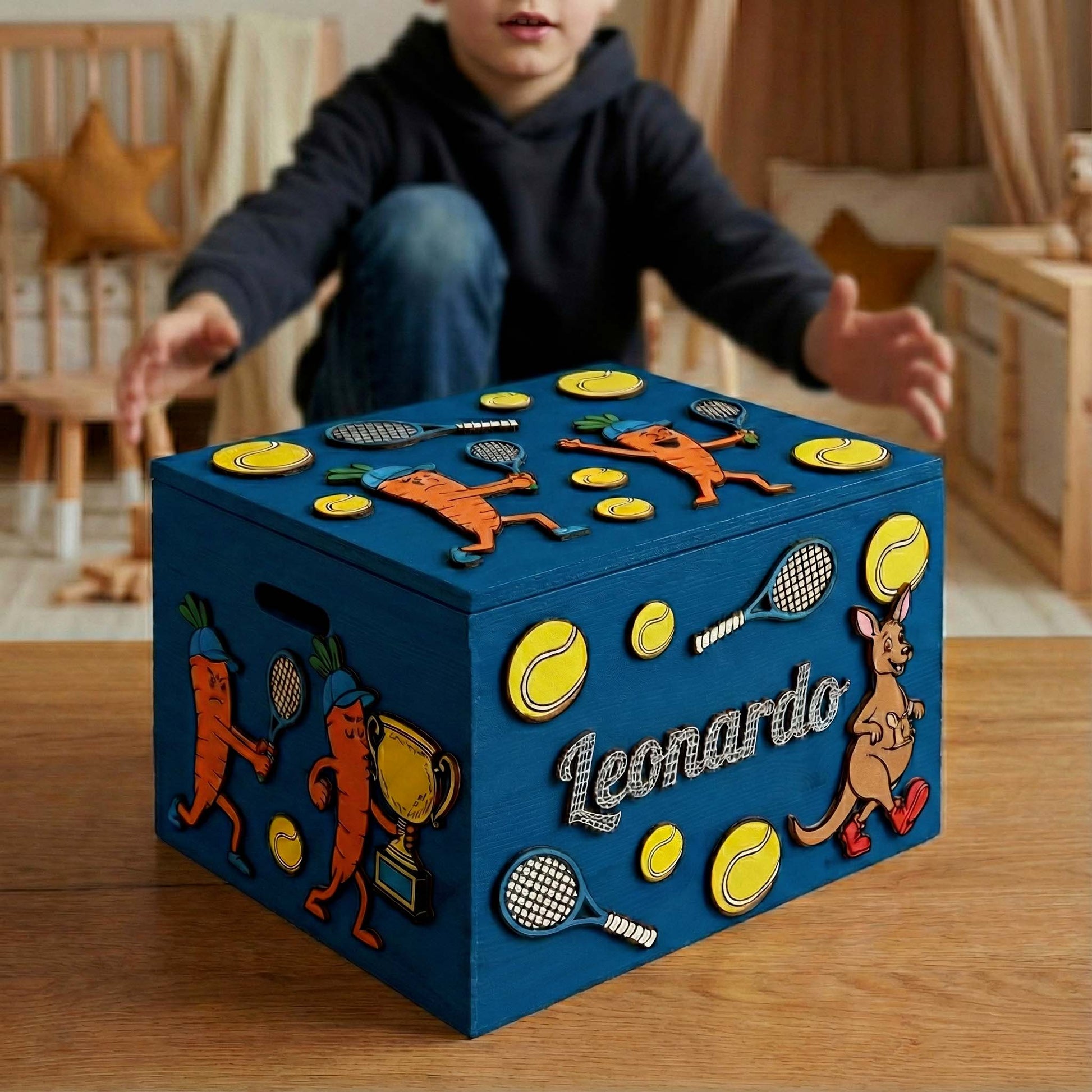 Bambino che usa baule per giochi personalizzato Leonardo, contenitore giocattoli robusto per cameretta.