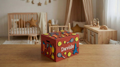 Baule per giochi rosso personalizzato Davide con decorazioni tennis, contenitore giocattoli per cameretta.