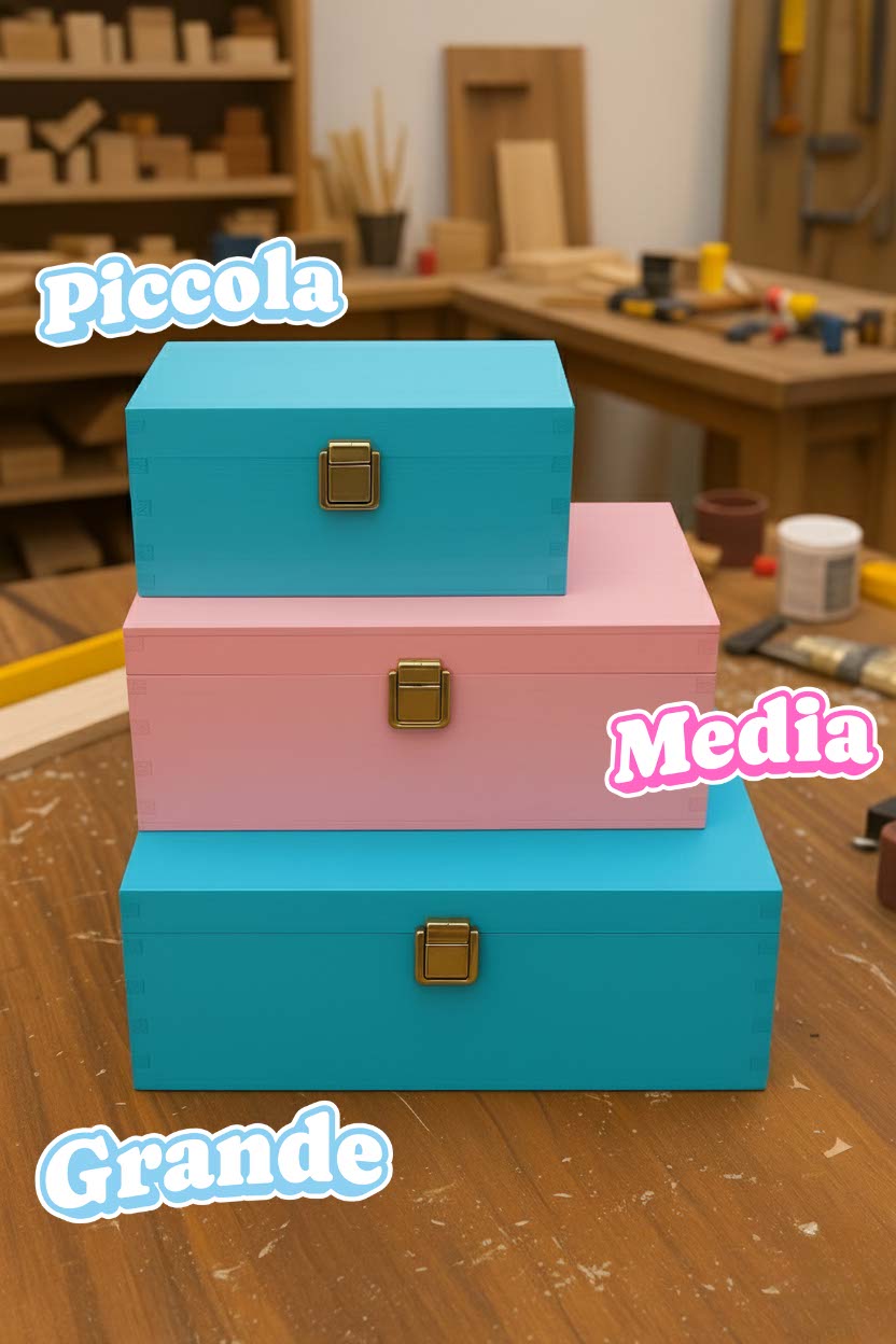 Semilavorati delle scatole dei ricordi personalizzate, rosa e azzurre, che mostrano le dimensioni reali delle 3 tipologie di scatole presenti in negozio: piccola, media, grande. Il cliente può così scegliere la dimensione che più gli aggrada in modo consapevole.