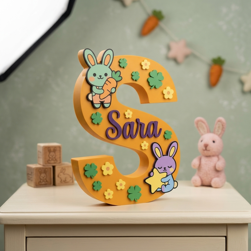 Lettera S decorativa da appoggio color giallo senape personalizzata con il nome Sara in viola, decorata in rilievo con teneri coniglietti, fiori e quadrifogli verdi, per arredamento cameretta bambina.