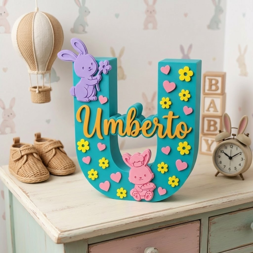 Lettera U 3D personalizzata con nome Umberto per decorazione cameretta neonato, color turchese con dettagli di coniglietti, cuori rosa e fiori gialli.