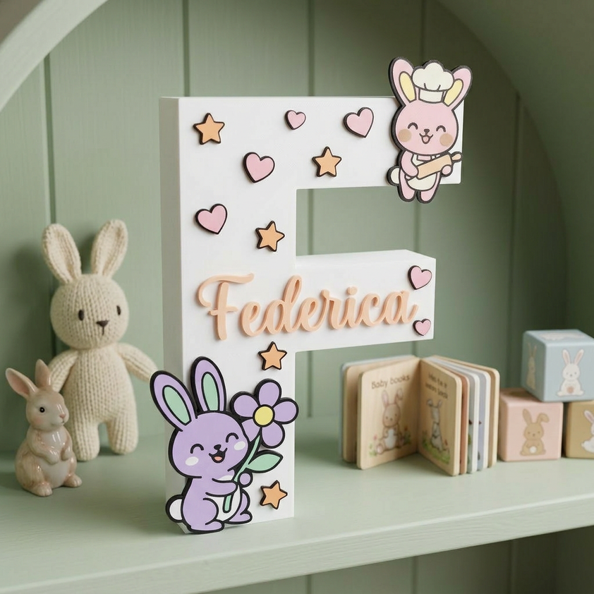 Lettera F in legno bianca personalizzata con nome Federica in rilievo. Decorazione per cameretta bambina a tema coniglietti, arricchita con dettagli 3D di cuori, stelle, un coniglietto cuoco rosa e un coniglietto viola con fiore.
