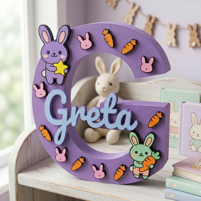 Lettera G lilla decorativa in 3D personalizzata con il nome Greta in azzurro. Decorazione per cameretta a tema coniglietti, applicati in rilievo insieme a carote e una stella gialla.