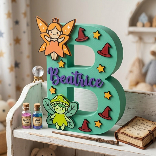 Lettera B decorativa 3D verde menta personalizzata con il nome Beatrice in viola, decorata a tema magia con fatine, stelle e cappelli da mago, ideale per arredo cameretta bambina.