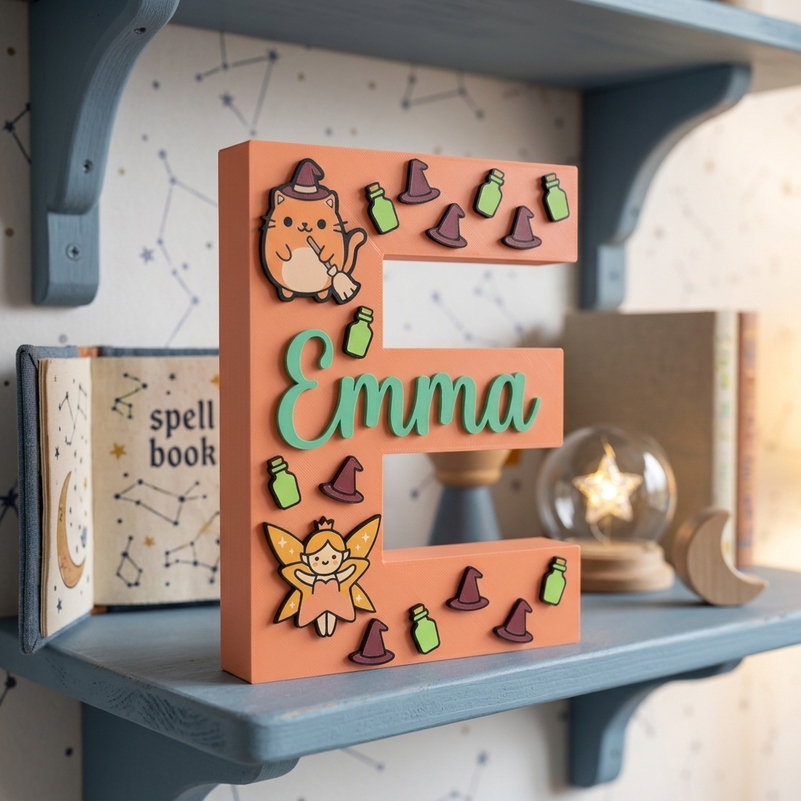 Lettera E decorativa personalizzata color pesca con nome Emma in rilievo verde menta. Iniziale a tema magia con applicazioni 3D di un gatto stregone, una fatina, cappelli da strega viola e pozioni verdi. Complemento d'arredo per cameretta bambina.