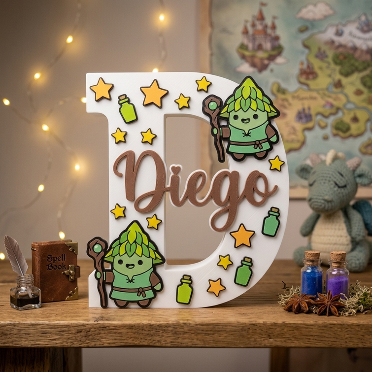 Lettera D decorativa 3D bianca personalizzata con il nome Diego in rilievo marrone, decorata a tema fantasy magico con piccoli druidi verdi, stelle e pozioni, ideale come arredo per cameretta bambini.