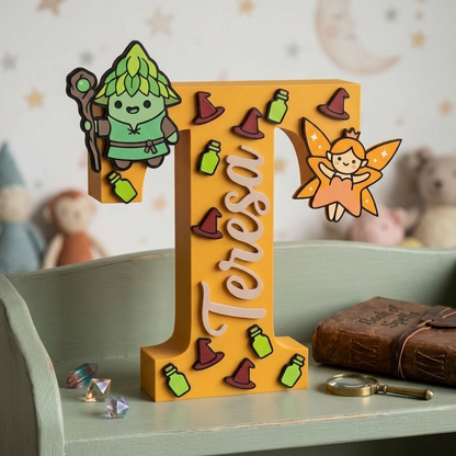 Lettera T decorativa personalizzata gialla con il nome Teresa in rilievo. Tema fantasy e magia con applicazioni di un piccolo druido, una fatina, cappelli da mago e pozioni. Arredamento per cameretta bambini a tema gioco di ruolo.