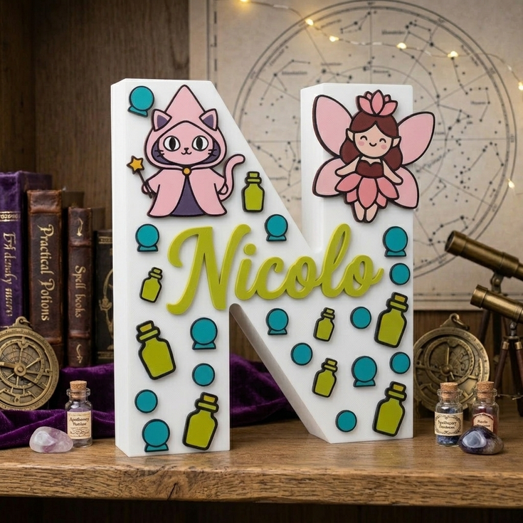 Lettera N decorativa 3D personalizzata con il nome Nicolo in rilievo verde. Design a tema magia e fantasy con illustrazioni di un gatto mago rosa, una fatina, boccette di pozioni e sfere di cristallo azzurre.