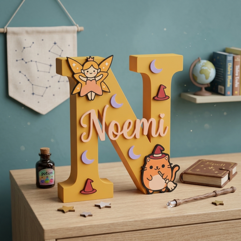 Lettera N decorativa 3D personalizzata con nome Noemi. Decorazione per cameretta bambina a tema magia, di colore giallo con applicazioni di fatina, gatto stregone con scopa, lune e cappelli da strega. Allestimento su scrivania con boccetta di pozione, bacchetta magica e libro degli incantesimi.