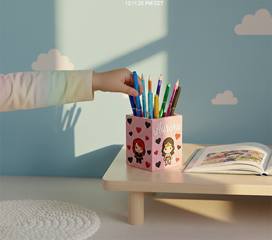 Portapenne da scrivania personalizzato rosa con nome e cuori, tema supereroine, portamatite per bambina