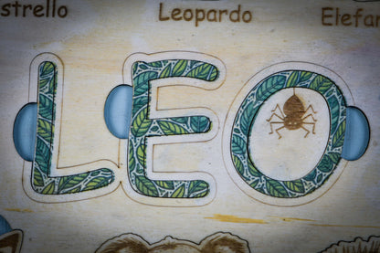 Puzzle personalizzato degli animali, con nome del bambino che fa parte del puzzle stesso.