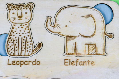 Puzzle personalizzato degli animali, con nome del bambino che fa parte del puzzle stesso.