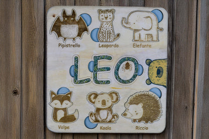 Puzzle personalizzato degli animali, con nome del bambino che fa parte del puzzle stesso.