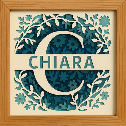 Quadretto decorativo rappresentante un monogramma e il rispettivo nome del bambino realizzato usando strati di carta