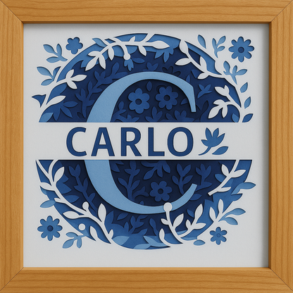 Quadretto decorativo rappresentante un monogramma e il rispettivo nome del bambino realizzato usando strati di carta