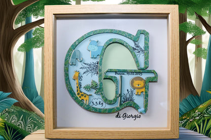 Quadretto nascita personalizzato: nome bambino, data nascita, luogo, altezza e peso. Realizzato in legno, carta e colori atossici, appendibile a muro.