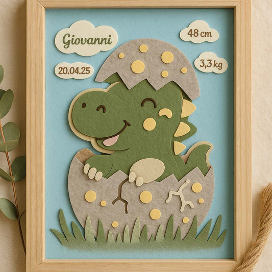Quadretto nascita rappresentante un dinosauro che sta nascendo. Sono presenti anche i dati del bambino per il quale il quadretto è fatto.
