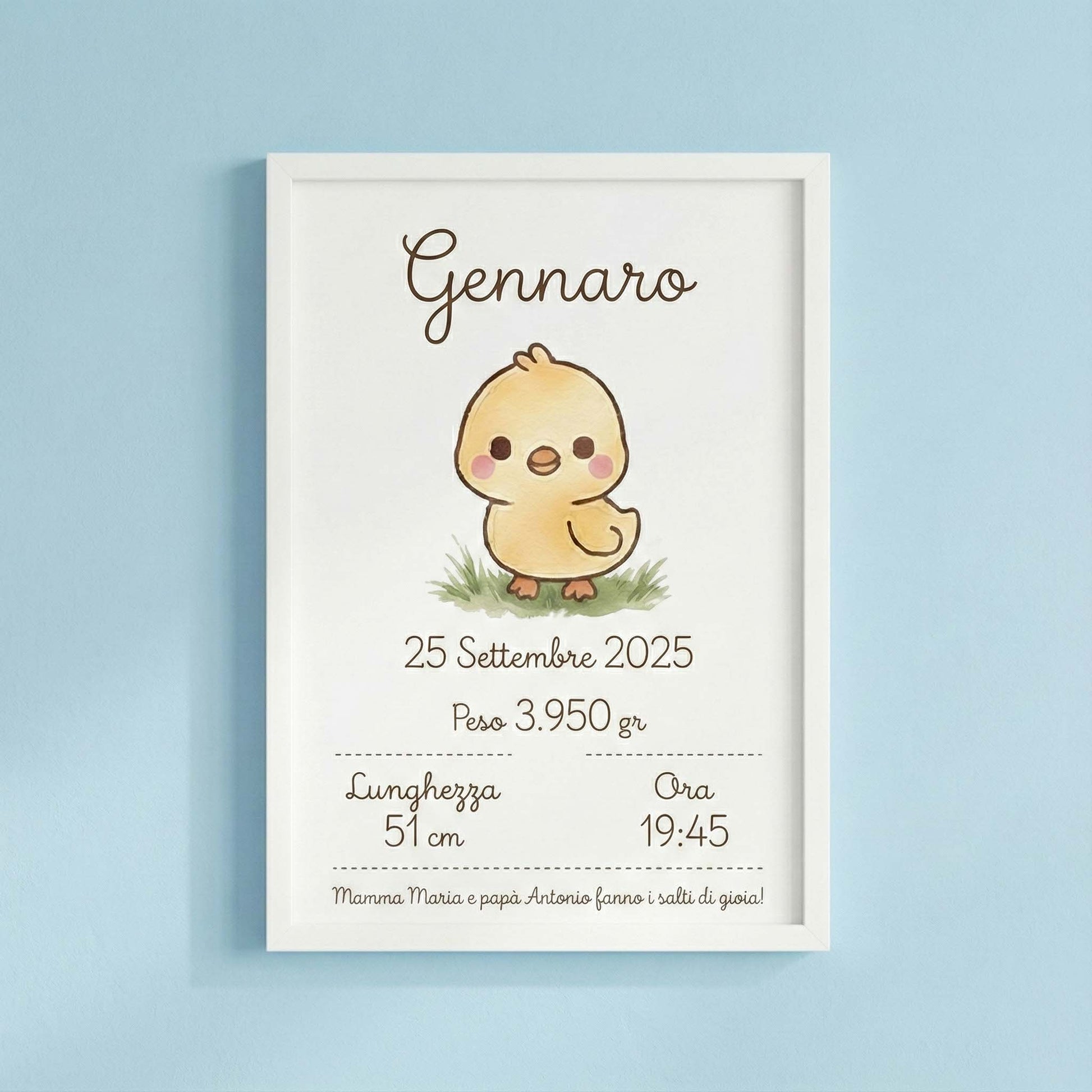 Quadretto nascita personalizzato con pulcino acquerellato, nome Gennaro e dettagli di nascita, in cornice bianca 20x30 cm su sfondo azzurro.