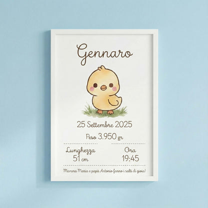 Quadretto nascita personalizzato con pulcino acquerellato, nome Gennaro e dettagli di nascita, in cornice bianca 20x30 cm su sfondo azzurro.