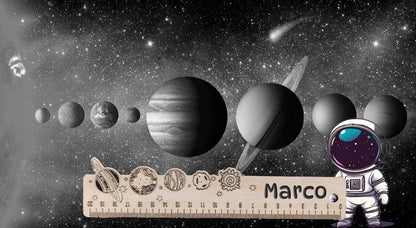 Righello in legno con nome personalizzato del bambino a tema spazio